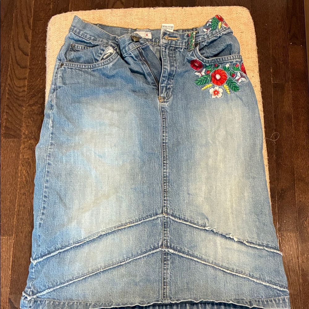 H&M Light Blue Denim Jean Skirt with Floral Embroidery